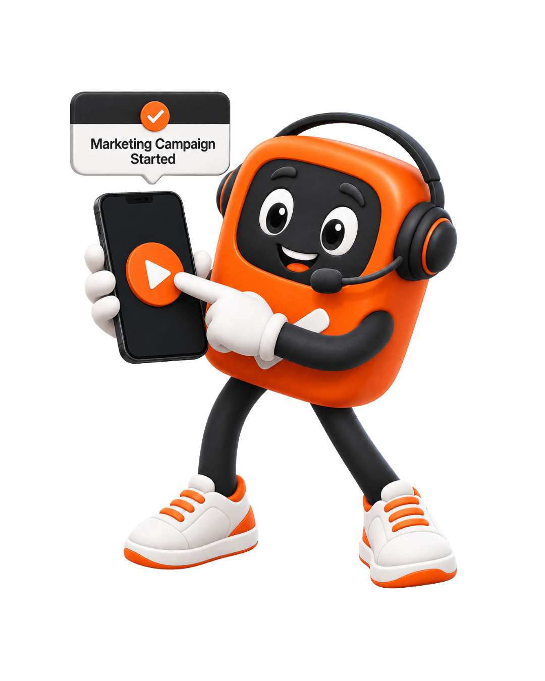WorkWon mascot launching one-click marketing campaigns from phone